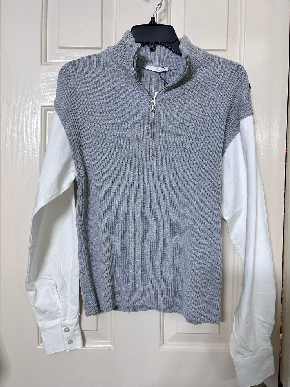 Zara Ribbed Crew Sweater in Light Gray with White Sleeves